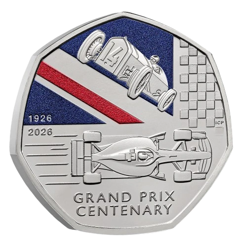 100 Years of the Grand Prix in Britain - 100 Years of the Grand Prix in Britain 2026 UK 50p Brilliant Uncirculated Colour Coin