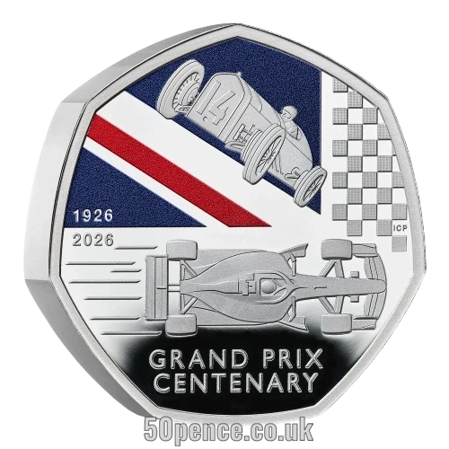 100 Years of the Grand Prix in Britain - 100 Years of the Grand Prix in Britain 2026 UK 50p Silver Proof Piedfort Colour Coin